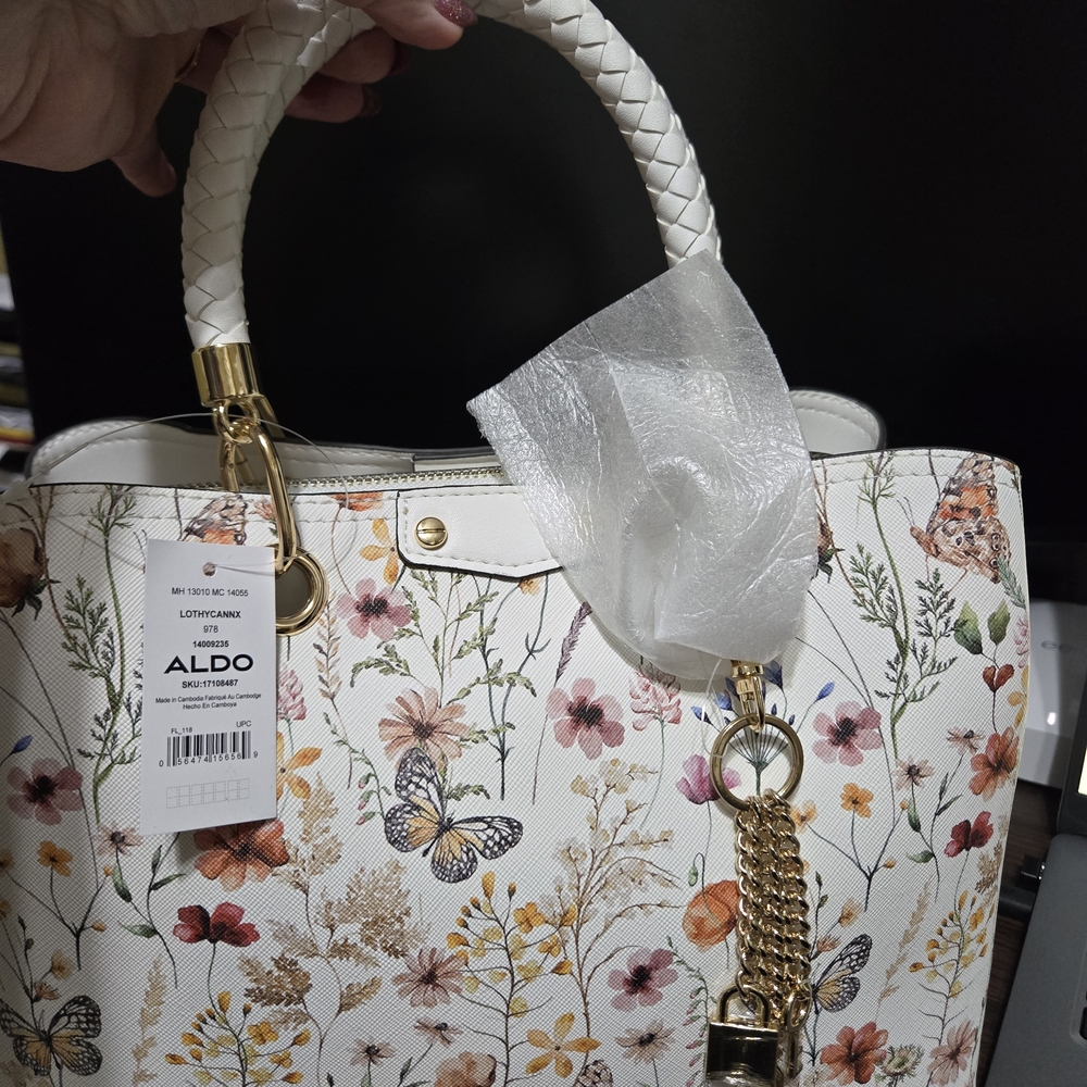 ALDO White Floral Tote with Gold Accents